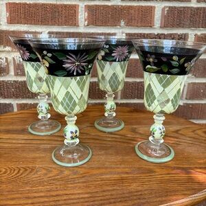 Hand Painted Drinking Flowers Argyle Clear Glasses Goblets Set of 4